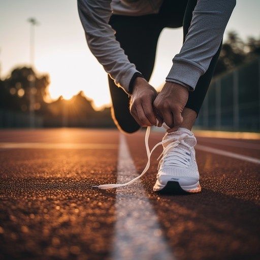 Hardloper strikt zijn witte schoen op een atletiekbaan bij zonsopkomst